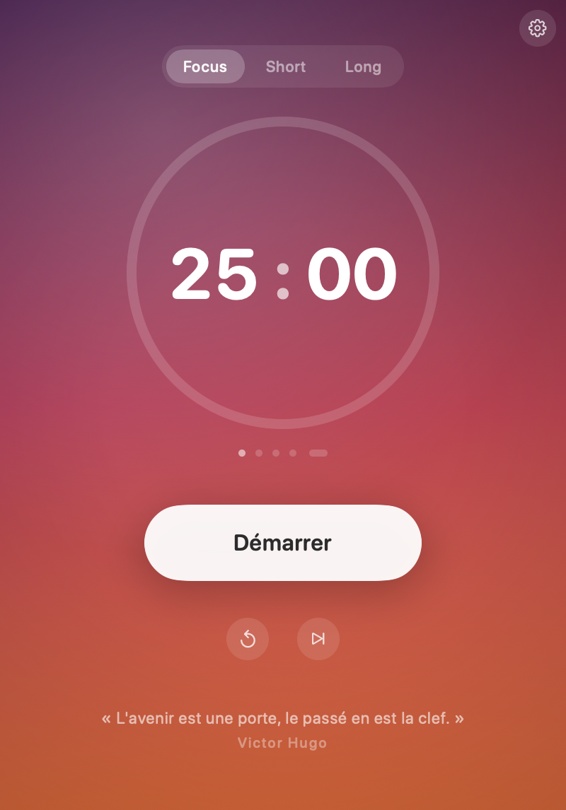 La fenêtre de Focus : 25:00 au centre d'un anneau, le dégradé du soir en fond.